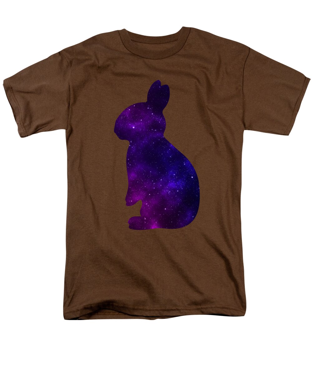 Brown men’s t-shirt with purple galaxy rabbit silhouette graphic on the chest.