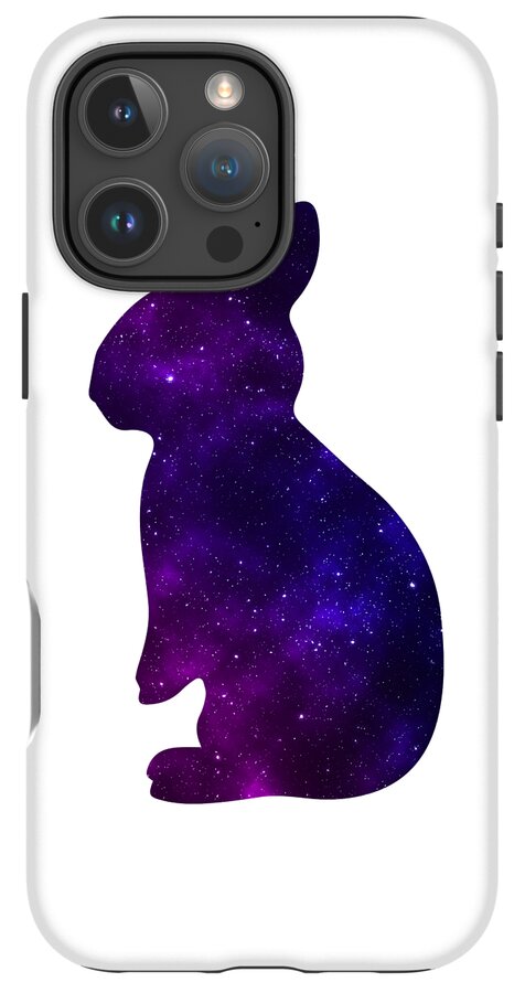 White phone case with purple galaxy rabbit silhouette and side button cutout
