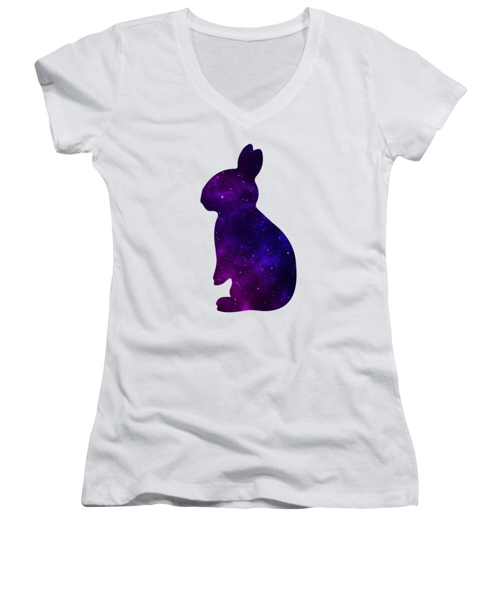 White womens v-neck T-shirt with purple galaxy rabbit graphic