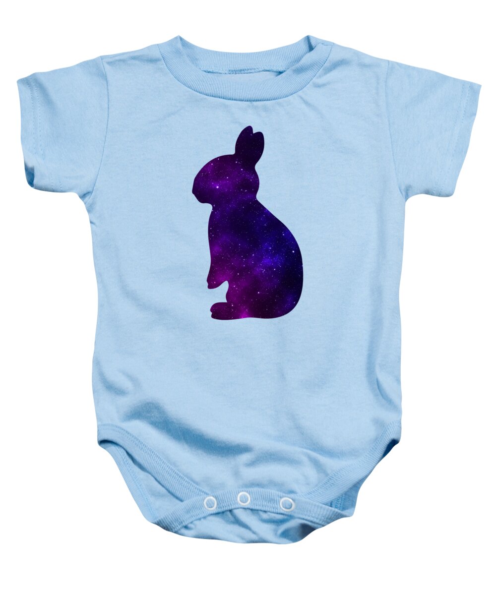 Light blue baby onesie with purple galaxy bunny silhouette on front