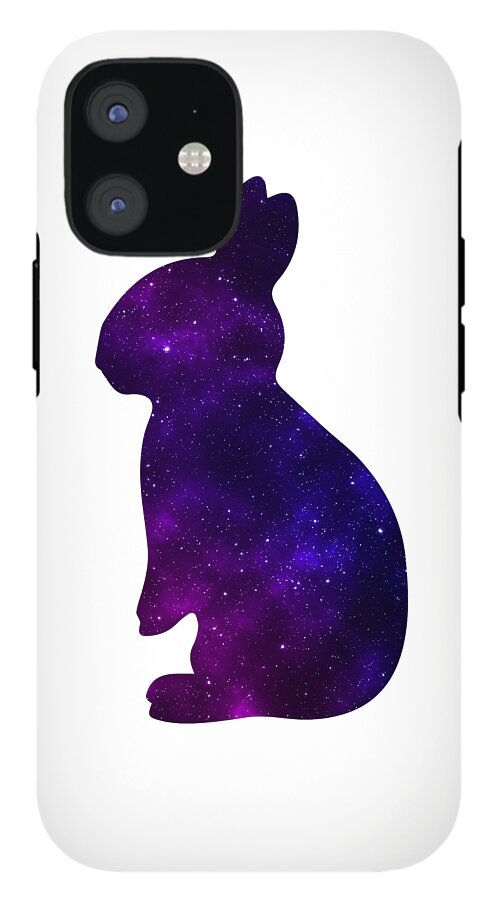 White phone case with purple galaxy rabbit silhouette and black dual camera module