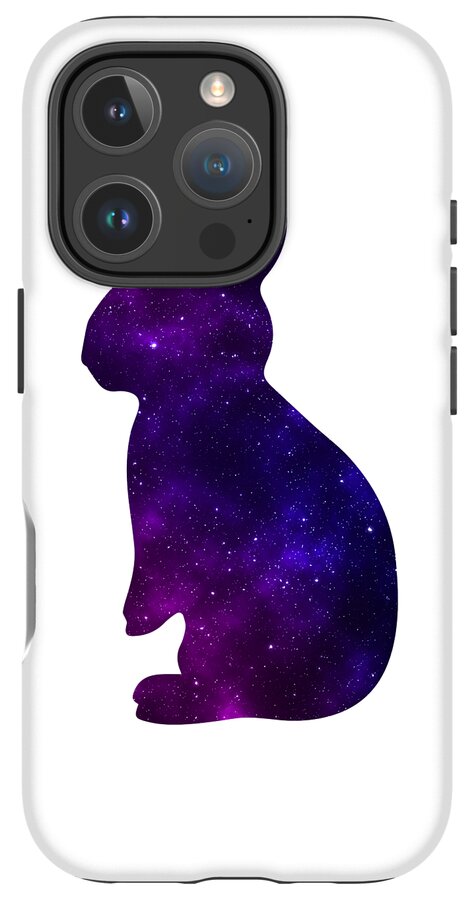 White phone case with purple galaxy rabbit silhouette and camera cutouts