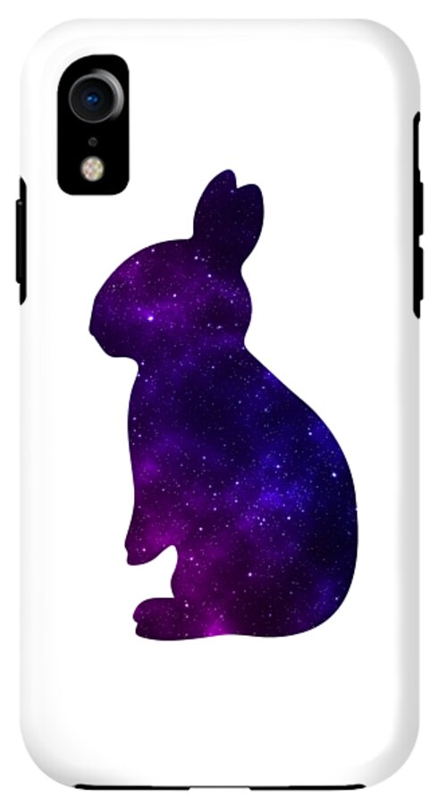 Phone case with white backing and purple galaxy rabbit silhouette, vertical camera cutout