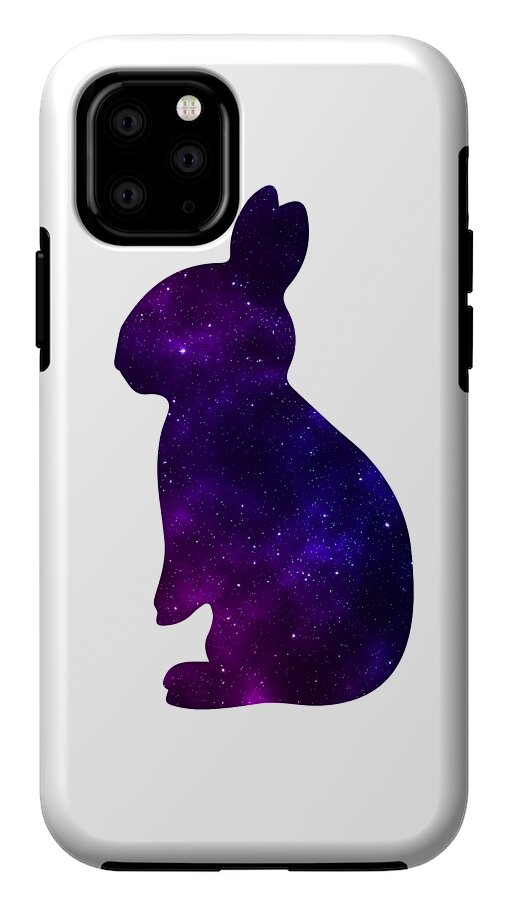 White phone case with purple galaxy rabbit silhouette, top-left quad camera cutout
