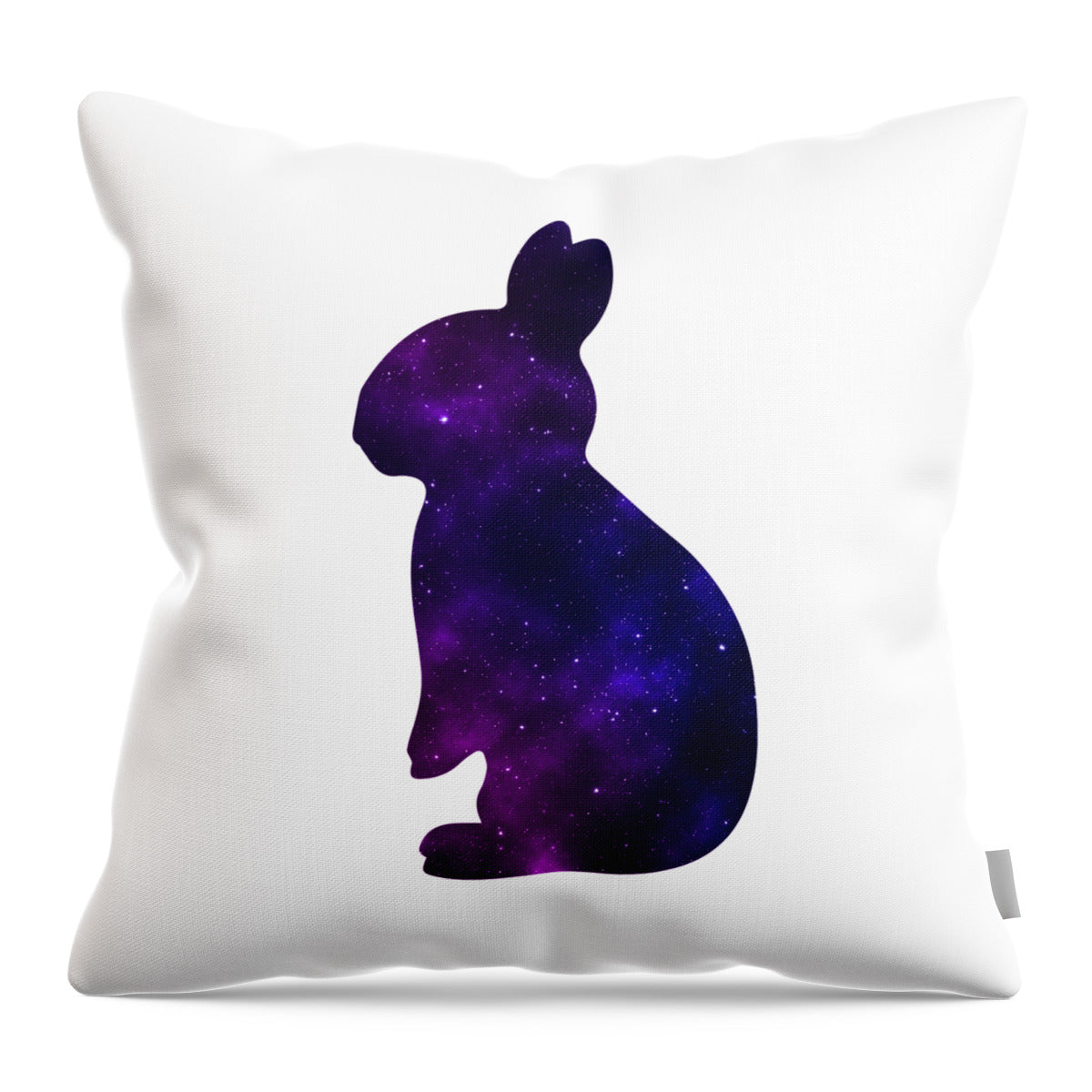 White throw pillow with purple galaxy rabbit graphic, square front view