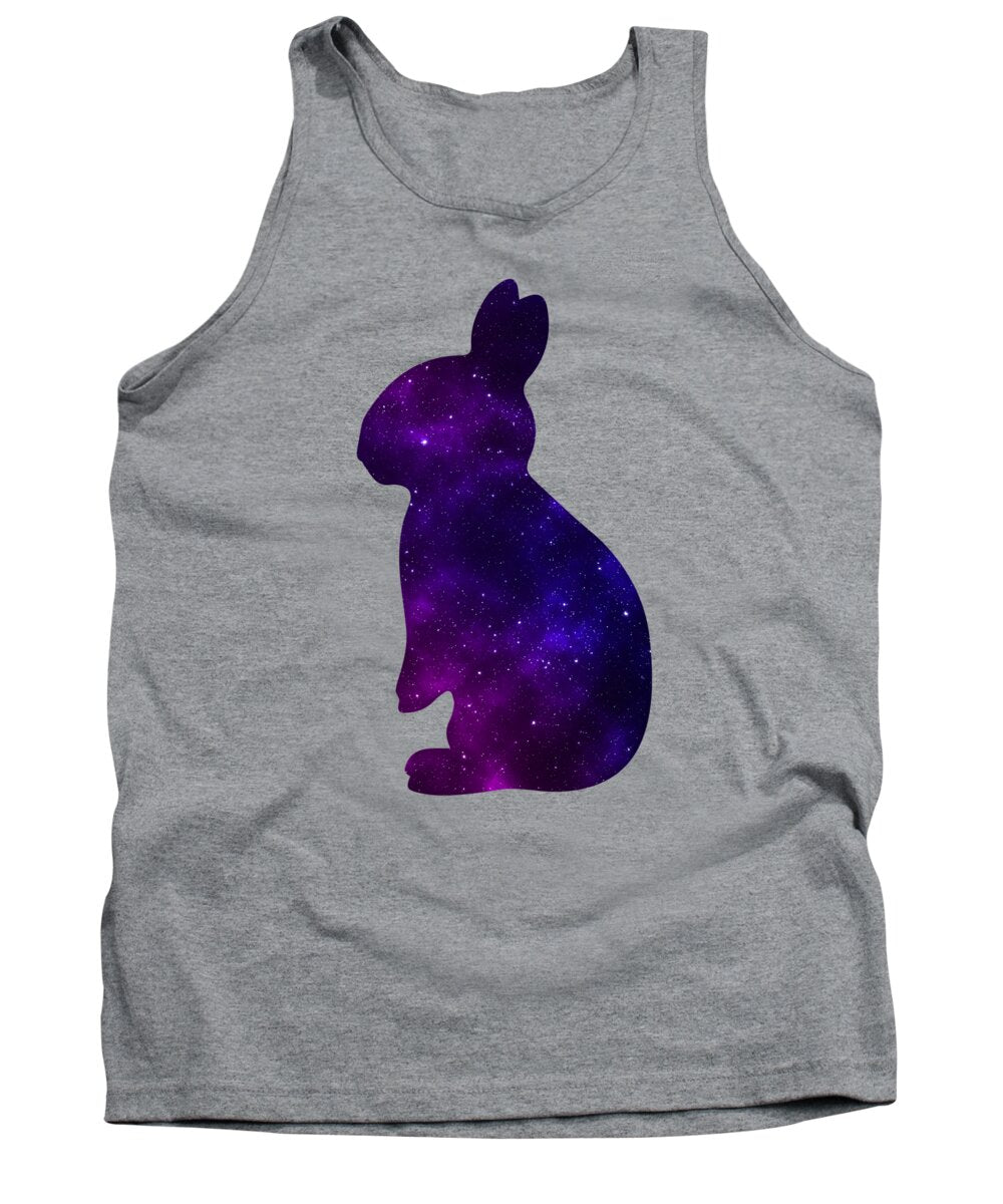 Heather gray tank top with galaxy-style purple rabbit graphic