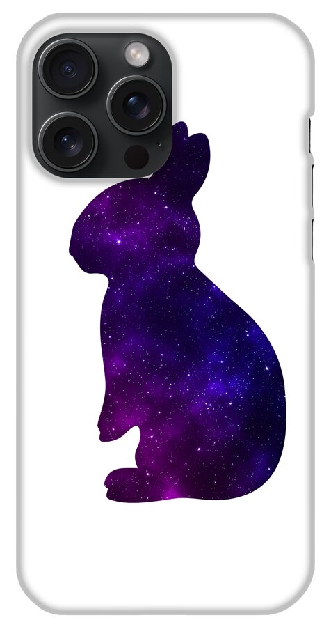 White phone case with purple galaxy rabbit graphic and camera cutouts