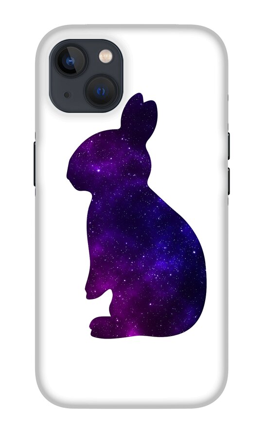 White phone case with purple galaxy rabbit silhouette and black camera module