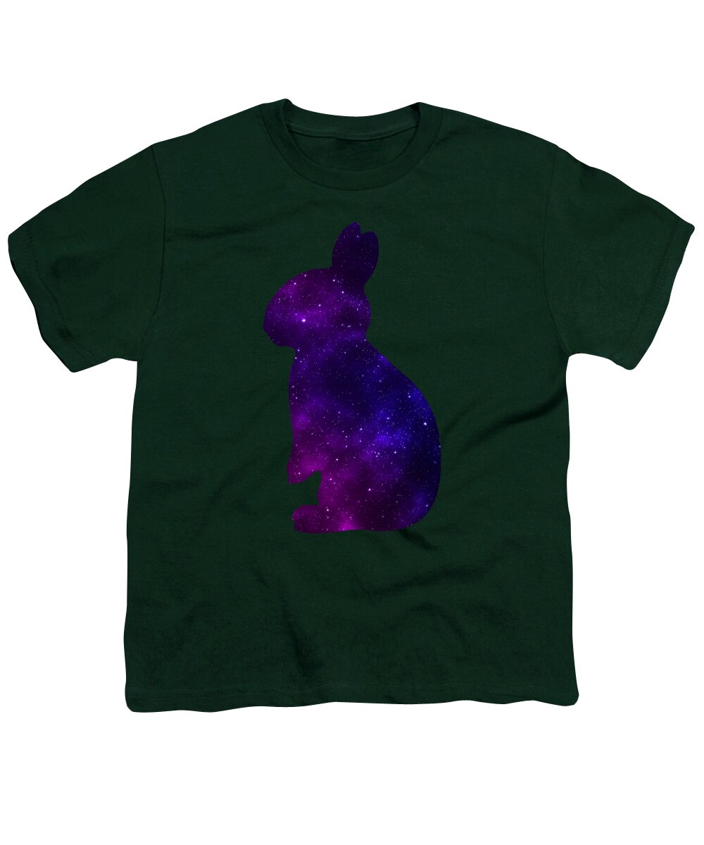 Dark green youth t-shirt with purple galaxy-style rabbit silhouette graphic on front