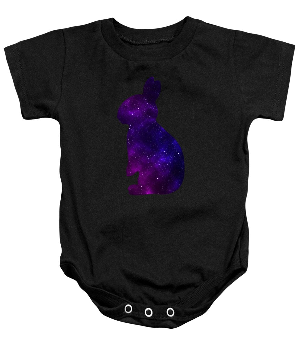 Black baby onesie with purple galaxy bunny silhouette on front