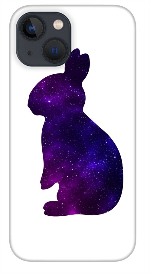 Phone case with purple galaxy rabbit silhouette on a light base, with gray camera area visible.