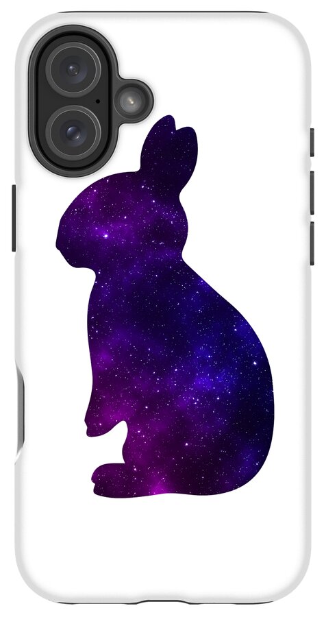 Phone case with white backing and purple galaxy rabbit silhouette, multi-camera layout top-left