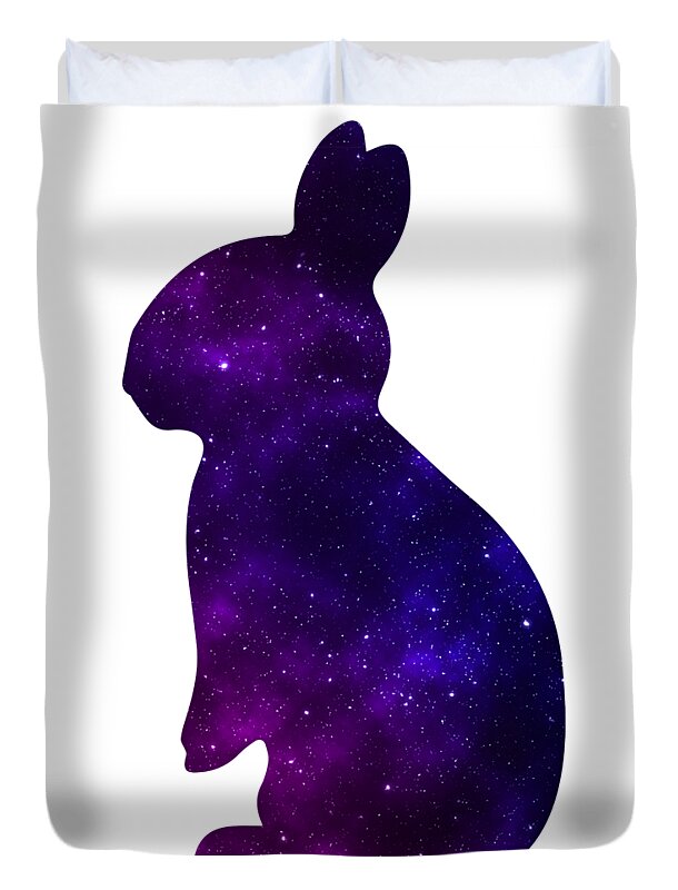 Duvet cover with purple galaxy rabbit silhouette, full body view