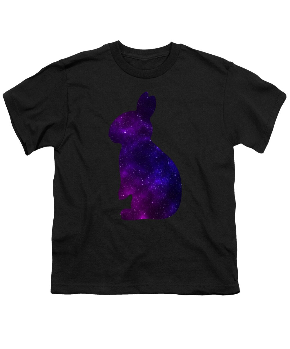 Black youth t-shirt with purple galaxy-style rabbit silhouette graphic on front
