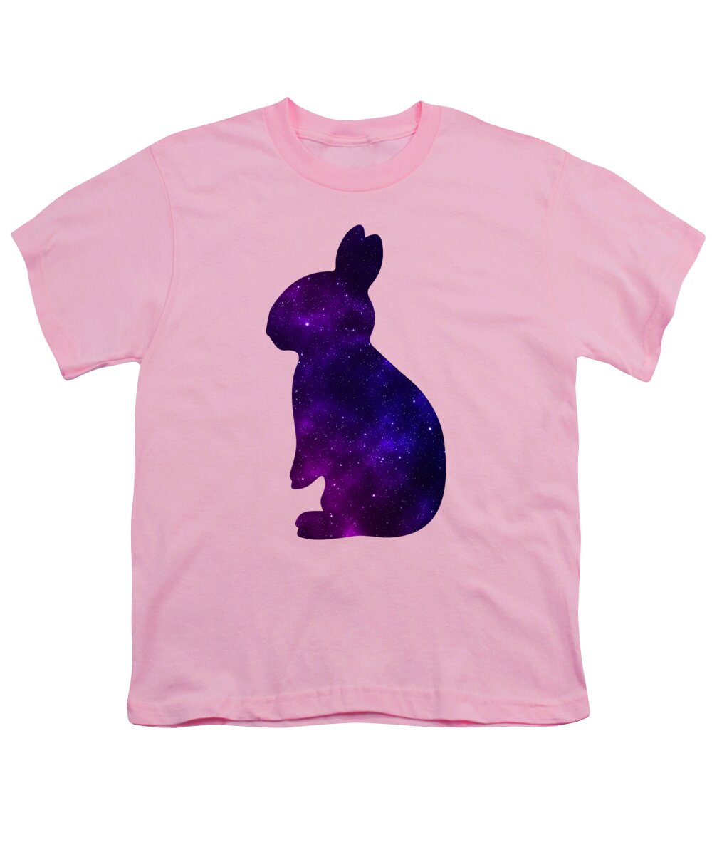 Youth pink T-shirt with purple galaxy bunny silhouette graphic on front