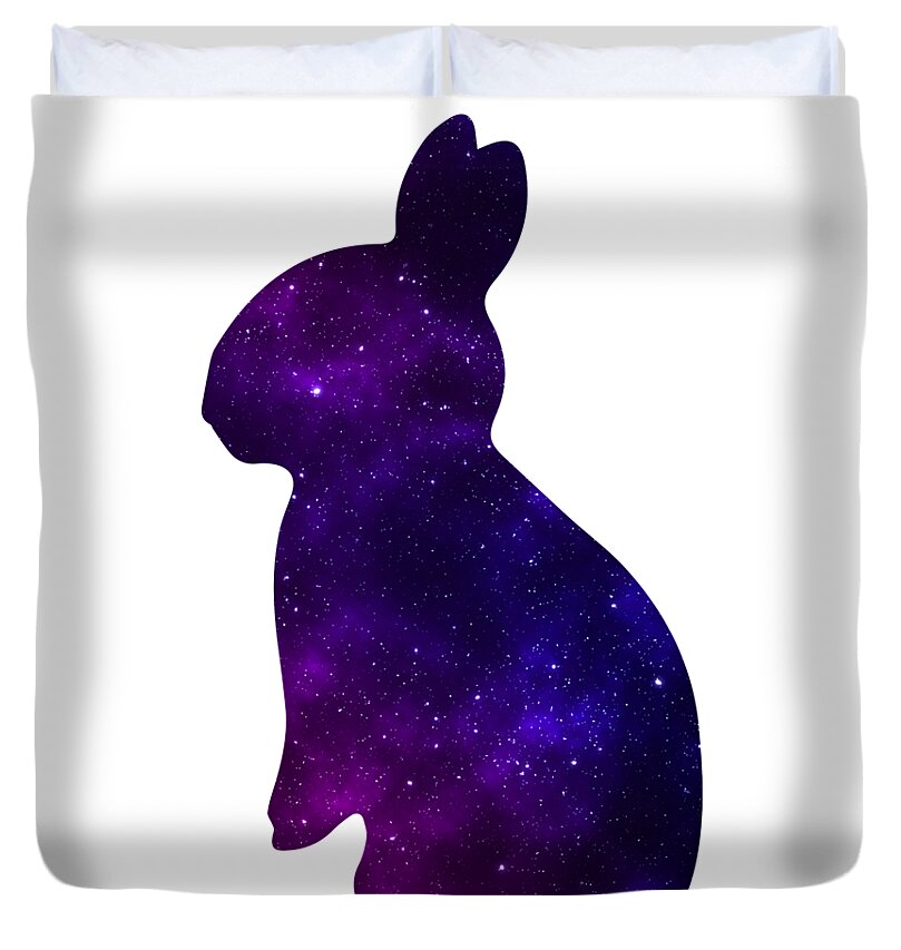 Duvet cover with purple galaxy bunny silhouette, centered on front panel