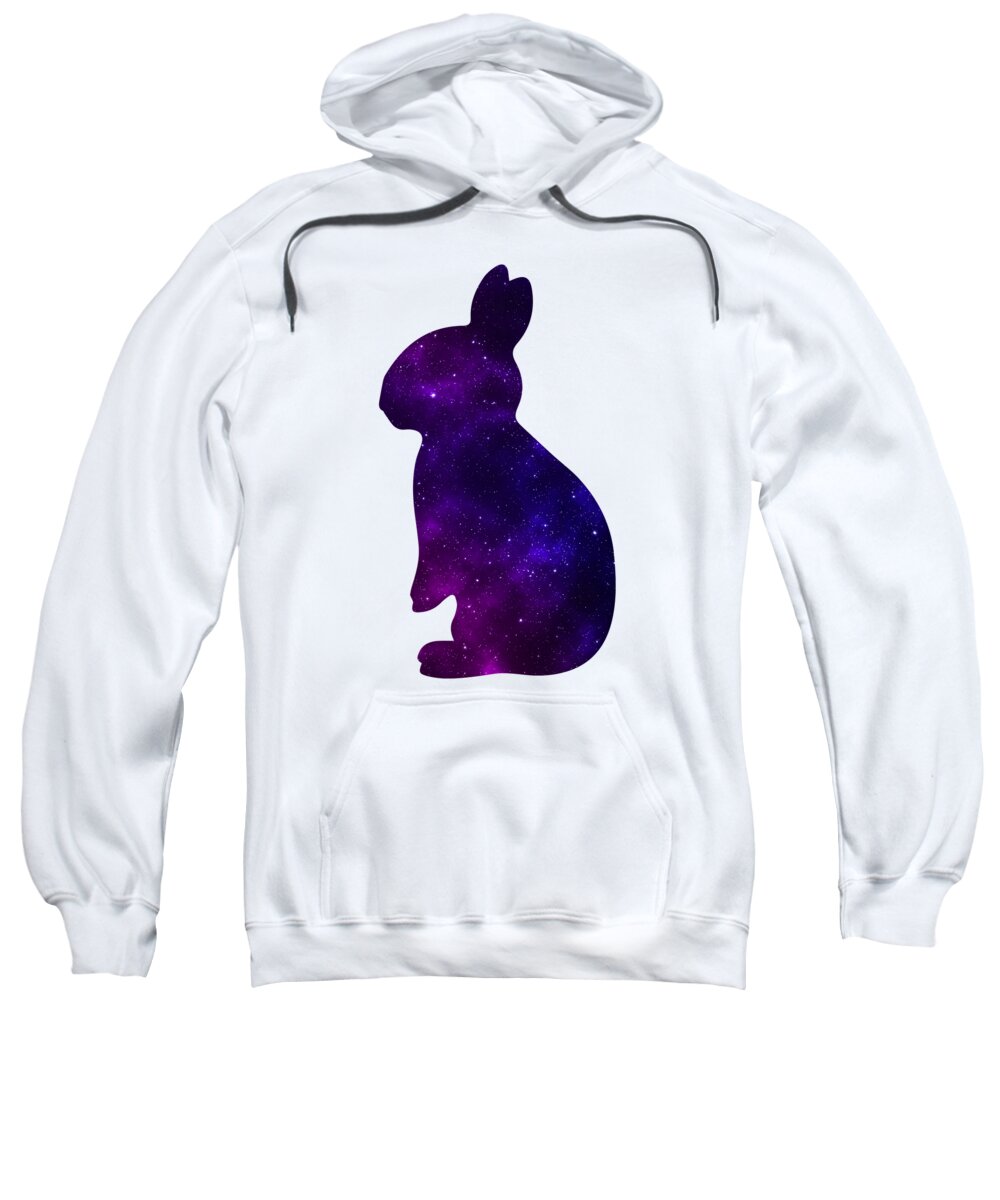 White pullover hoodie sweatshirt with purple galaxy rabbit graphic on front pocket