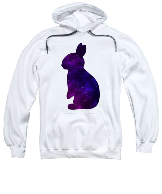 White pullover hoodie sweatshirt with purple galaxy rabbit graphic on front pocket