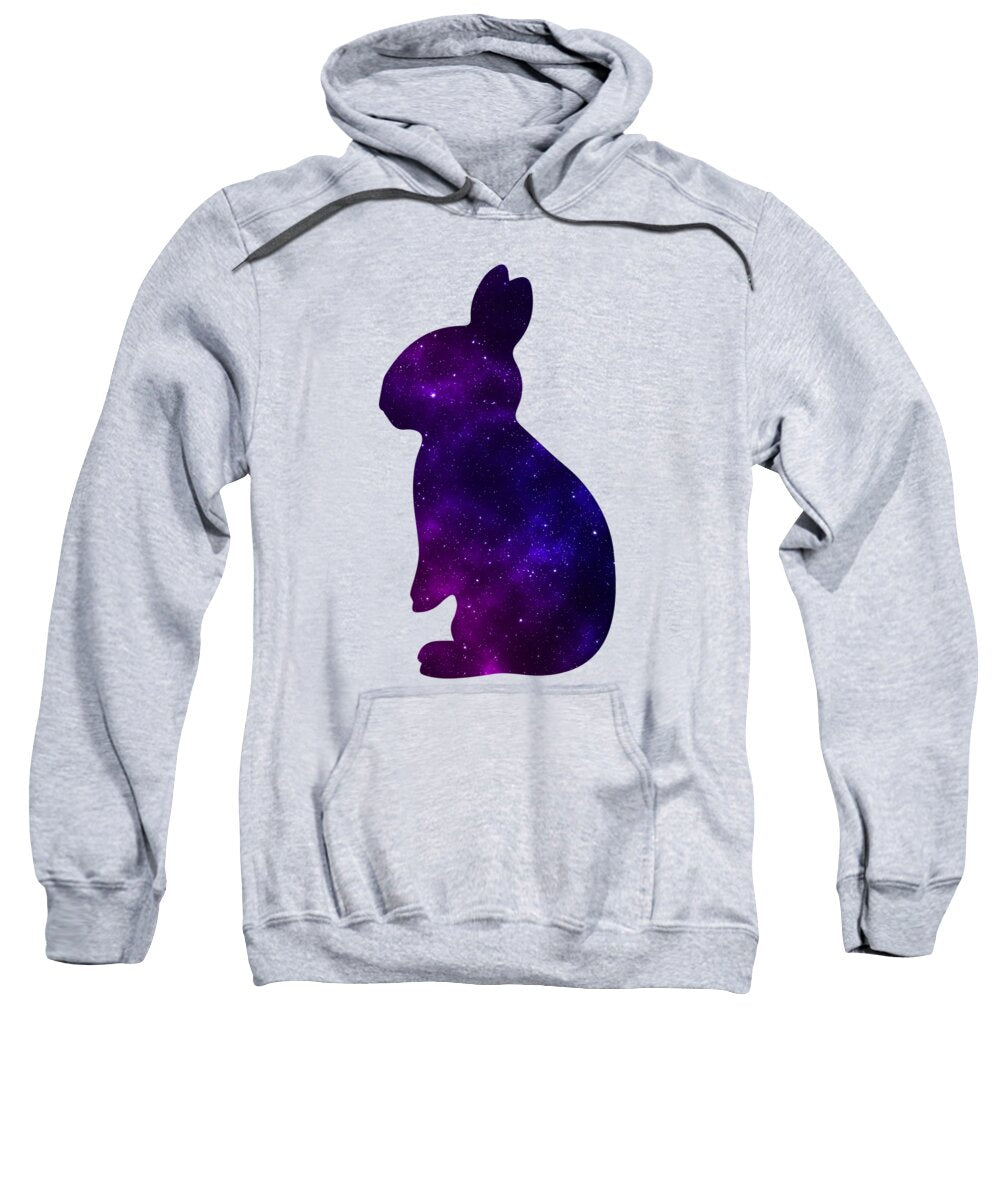 Light gray pullover hoodie sweatshirt with purple galaxy rabbit graphic and front pocket
