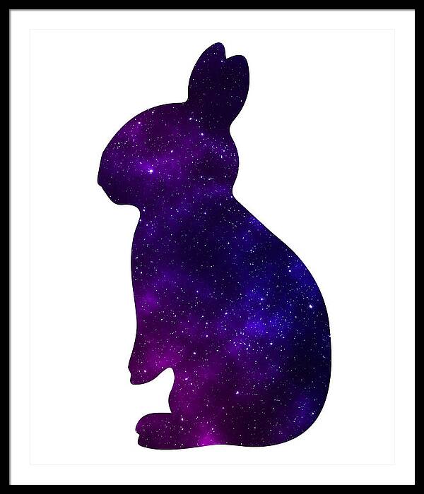 Framed print featuring a purple galaxy rabbit silhouette with a black frame.