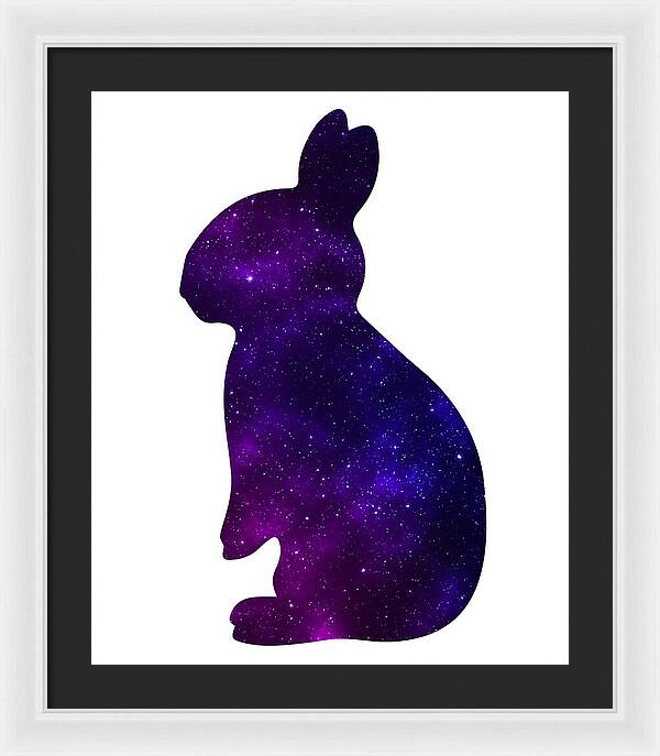 Framed print featuring a purple galaxy rabbit silhouette with a black frame and white mat.