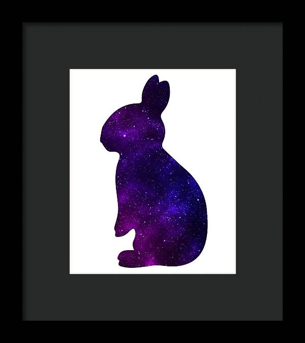 Framed print of purple galaxy rabbit silhouette with dark frame and white mat