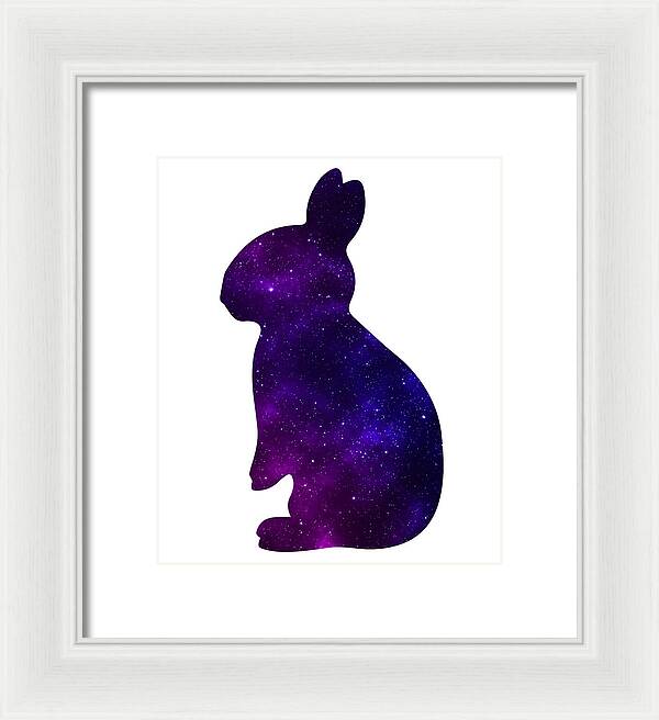 Framed print of purple galaxy rabbit silhouette with white frame