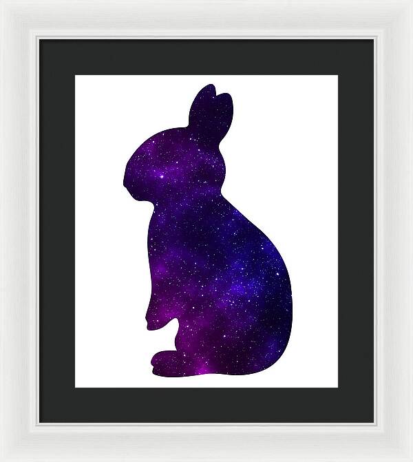 Purple galaxy rabbit framed wall art with white frame and dark mat