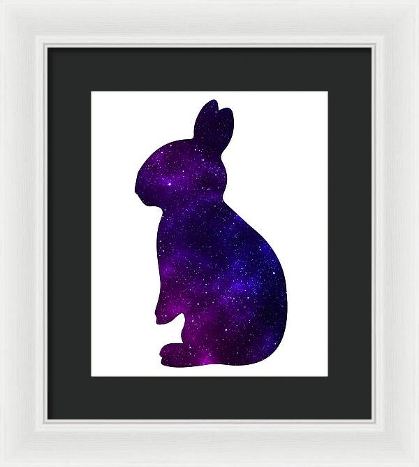 Black framed rabbit silhouette print with purple galaxy speckle design