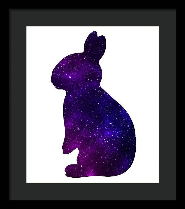 Black framed rabbit silhouette print with purple galaxy speckle design