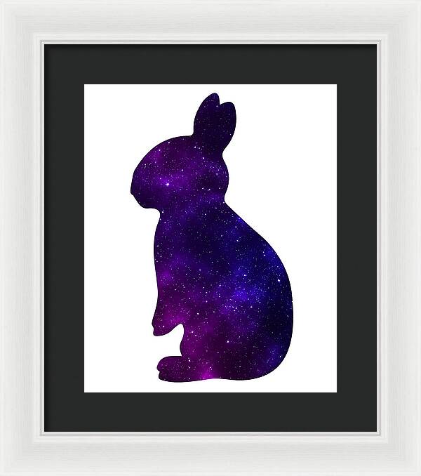 White framed rabbit silhouette print with purple galaxy speckle design
