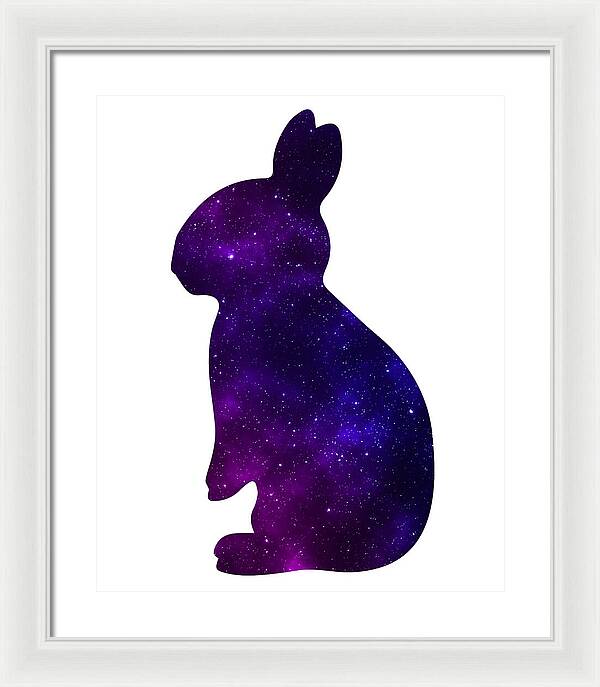 Purple galaxy rabbit framed wall art with white frame and light mat
