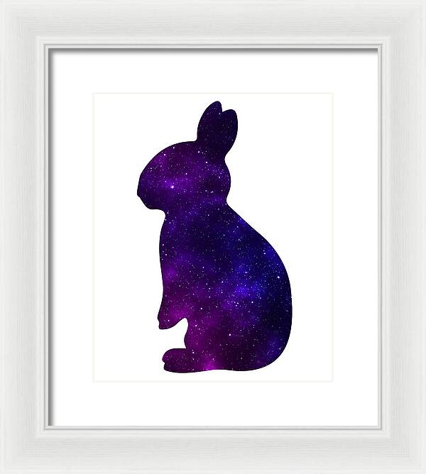 White framed rabbit silhouette print with purple galaxy speckle design