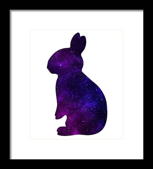 Framed print of purple galaxy rabbit silhouette with black frame