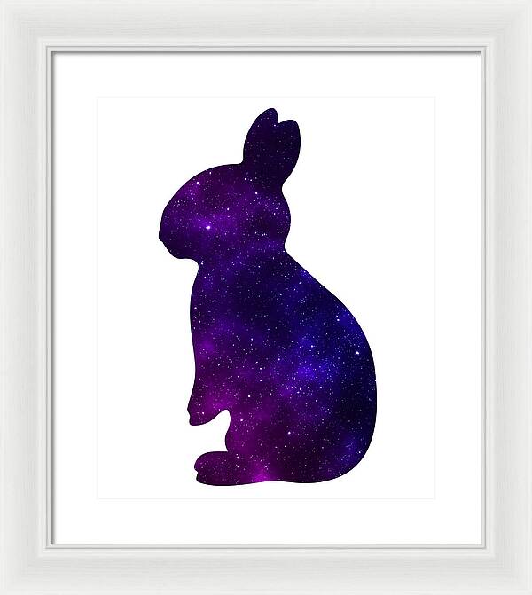 White framed rabbit silhouette print with purple galaxy speckle design
