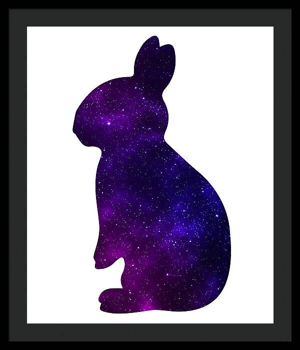 Framed print featuring a purple galaxy rabbit silhouette with a black frame.