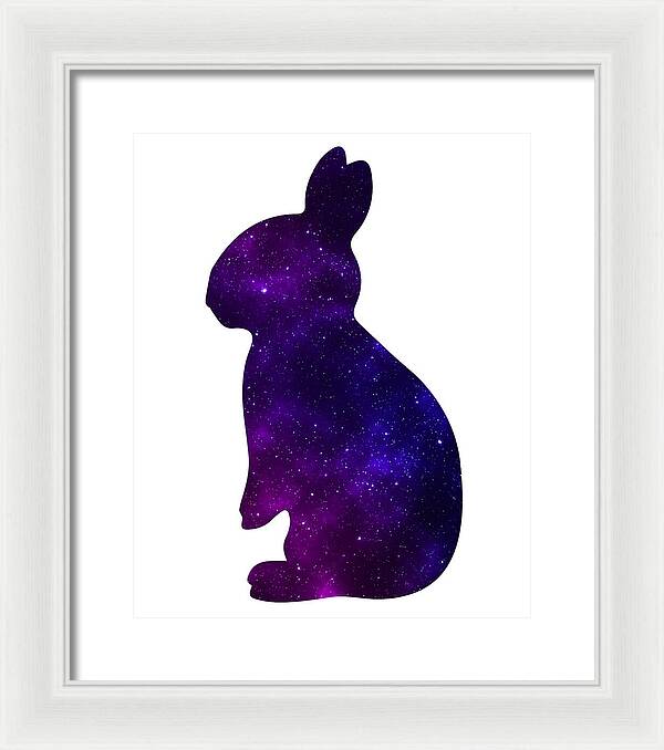 White framed rabbit silhouette print with purple galaxy speckle design