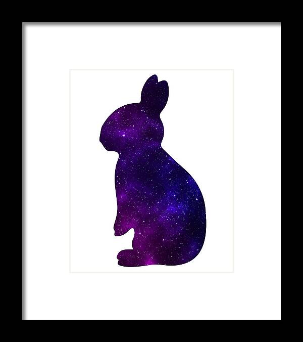 Framed print of purple galaxy rabbit silhouette with black frame
