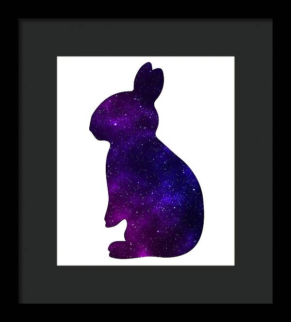 Framed print of purple galaxy rabbit silhouette with dark frame