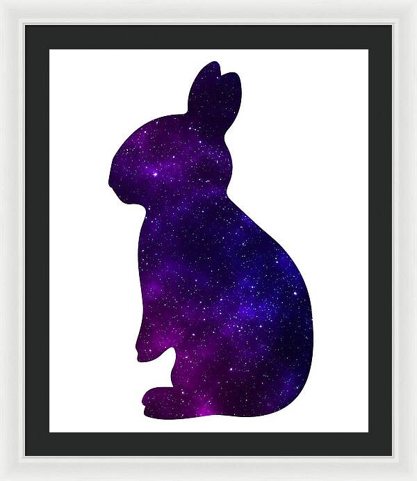 Framed print featuring a purple galaxy rabbit silhouette with a white frame and black mat.