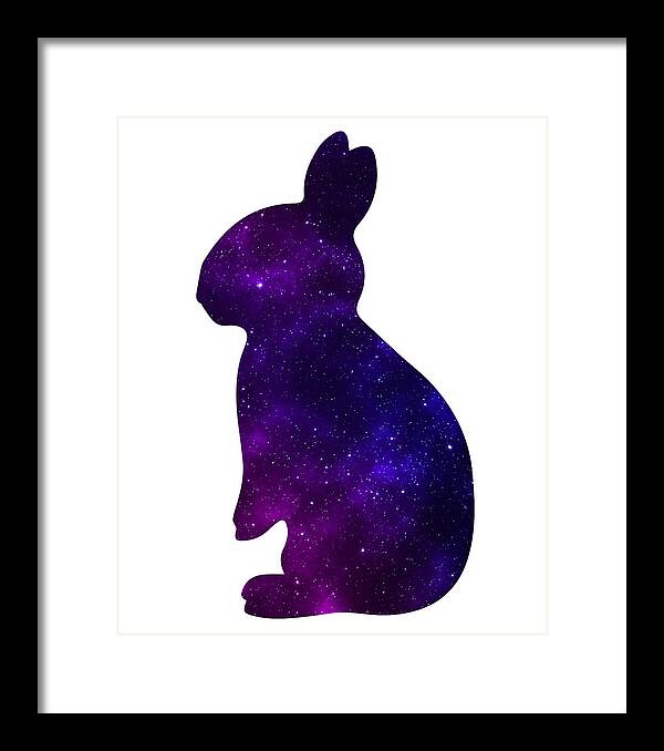 Framed print of purple galaxy rabbit silhouette with black frame
