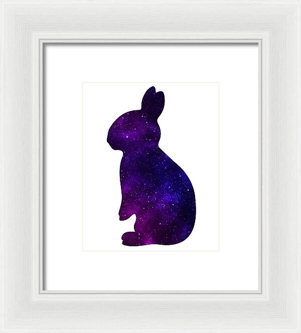 Framed print of purple galaxy rabbit silhouette with white frame