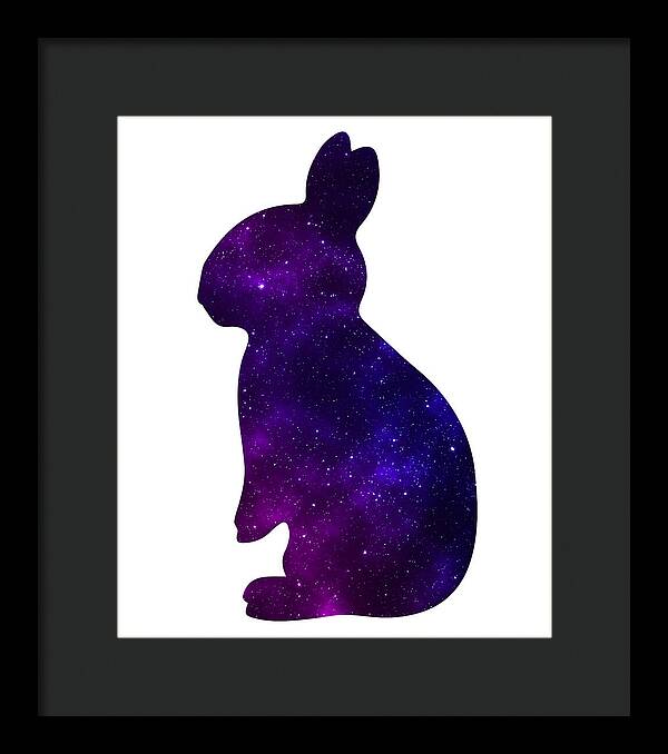 Black framed rabbit silhouette print with purple galaxy speckle design