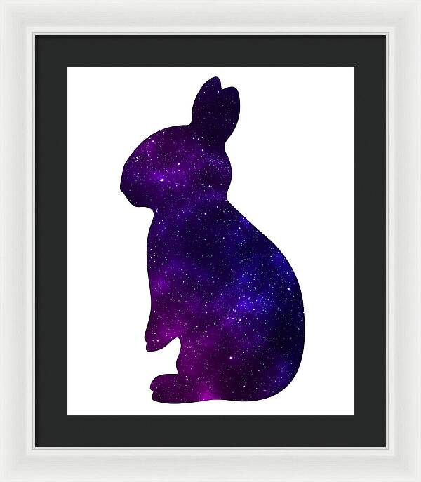 Purple galaxy rabbit framed wall art with black frame and dark mat
