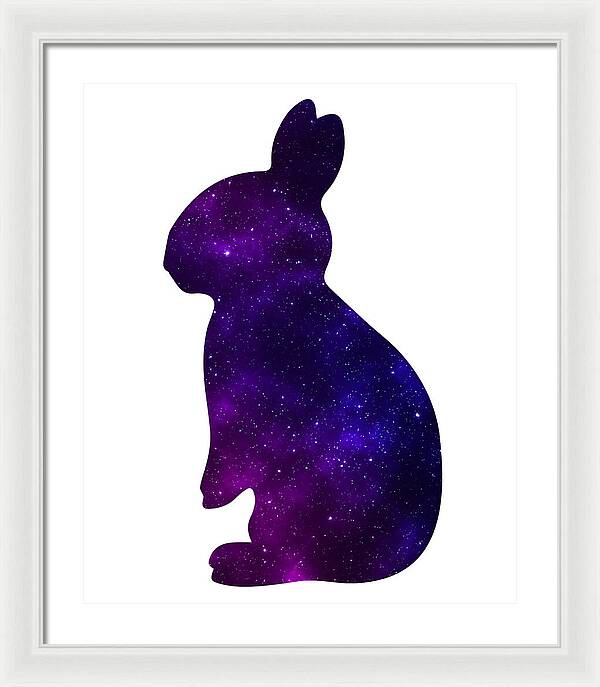 Framed print featuring a purple galaxy rabbit silhouette with a white frame.
