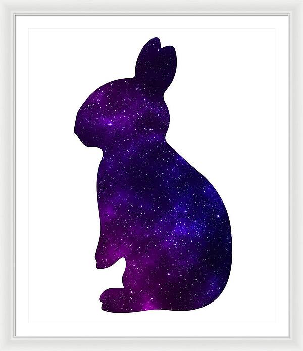Framed print of purple galaxy rabbit silhouette with white frame and white mat