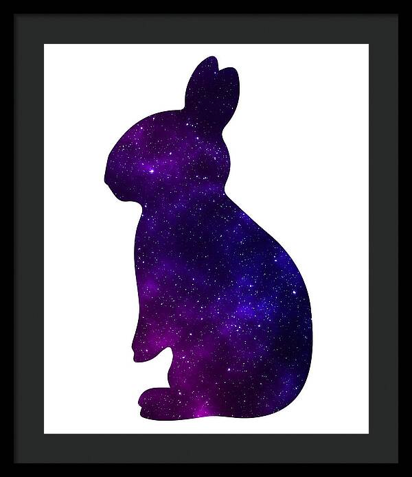 Framed print featuring a purple galaxy rabbit silhouette with a black frame.