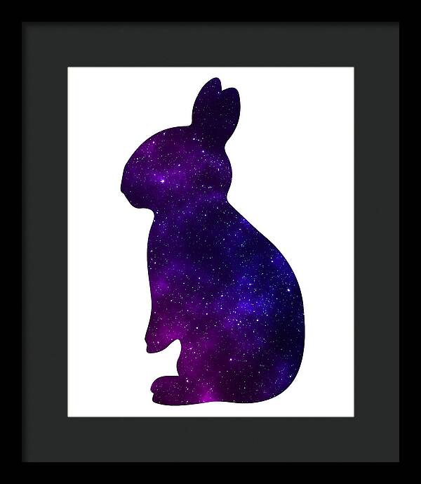 Black framed rabbit silhouette print with purple galaxy speckle design