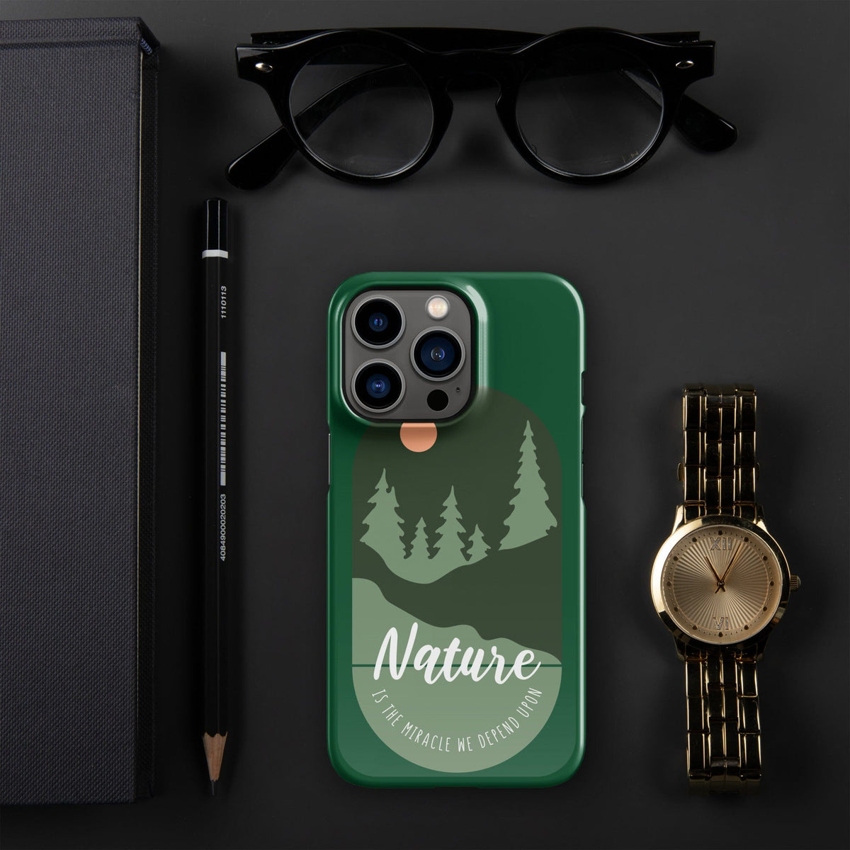 Green iPhone snap case with nature landscape print, tree silhouettes, and multi-camera cutouts