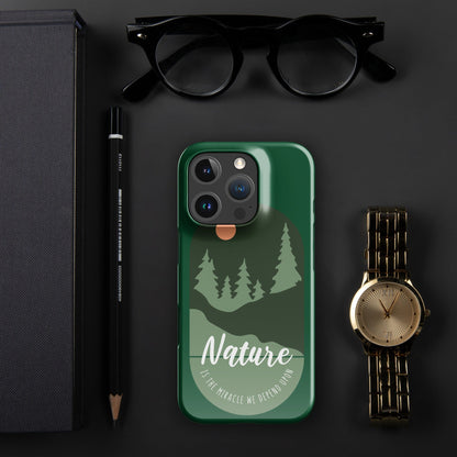 Green iPhone® snap case with forest tree graphic and Nature text